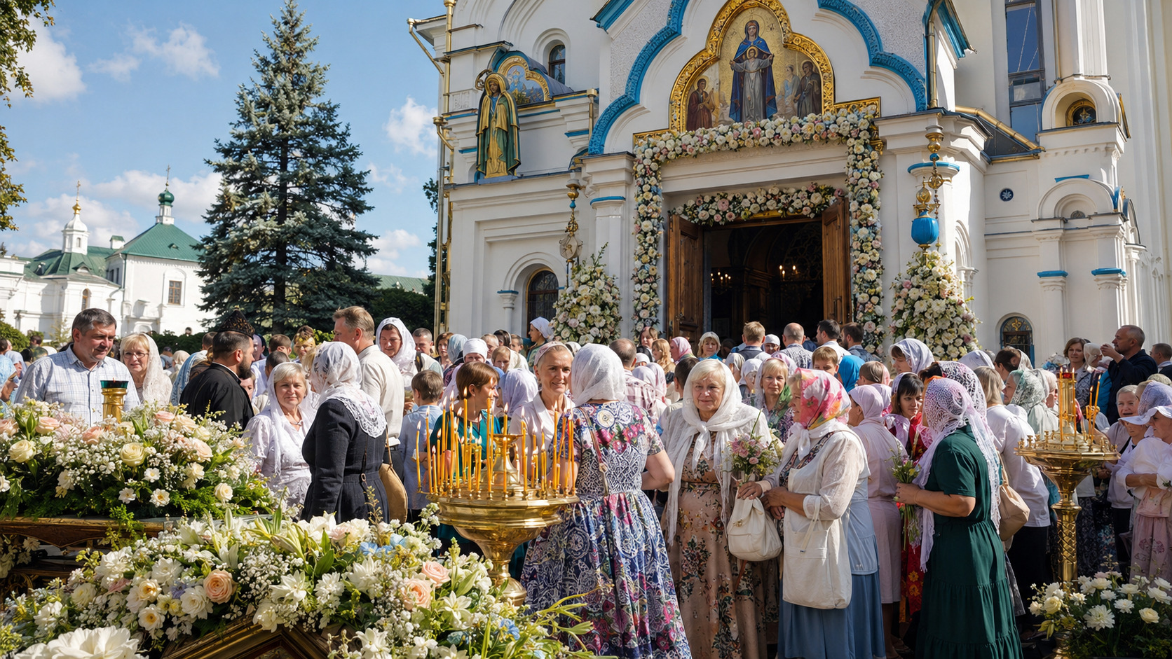 Верующие собрались у православного храма в праздник Успения Пресвятой Богородицы